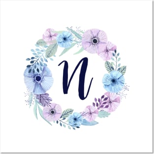 Floral Monogram N Icy Winter Blossoms Posters and Art